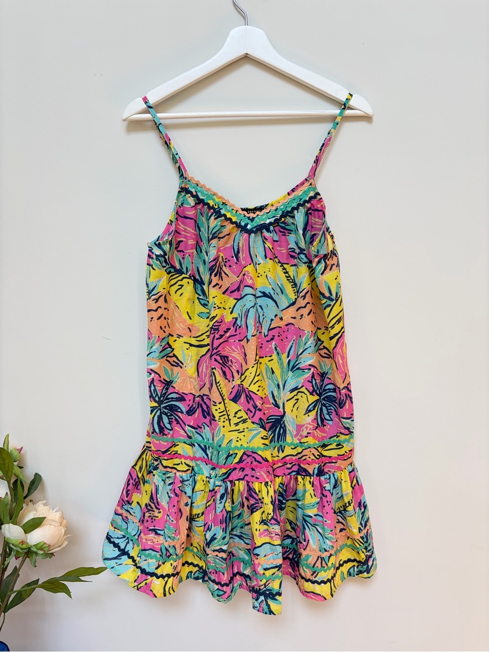 America & Beyond Tropical Print Sundress Cover Up M Rickrack Trim